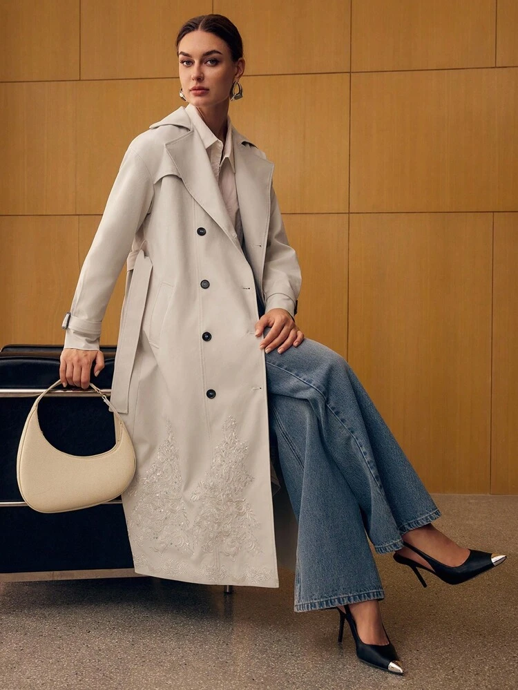 EMBROIDERY DOUBLE BREASTED TRENCH COAT