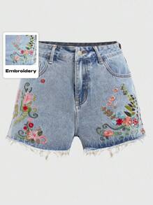 ROMWE Fairycore Quần short denim tua rua thêu hoa cho nữ, đi học - Màu xanh nhạt - Xem 1