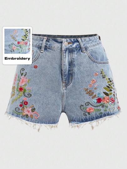 ROMWE Fairycore Women's Floral Embroidery Frayed Hem Denim Shorts, School