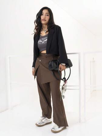 SHEIN x PRISCILA & JIMENA DAZY Conjunto de 2 piezas de falda y pantalones de unicolor con diseño de capa en la cintura, marrón moca, casual de negocios para todas las estaciones, otoño