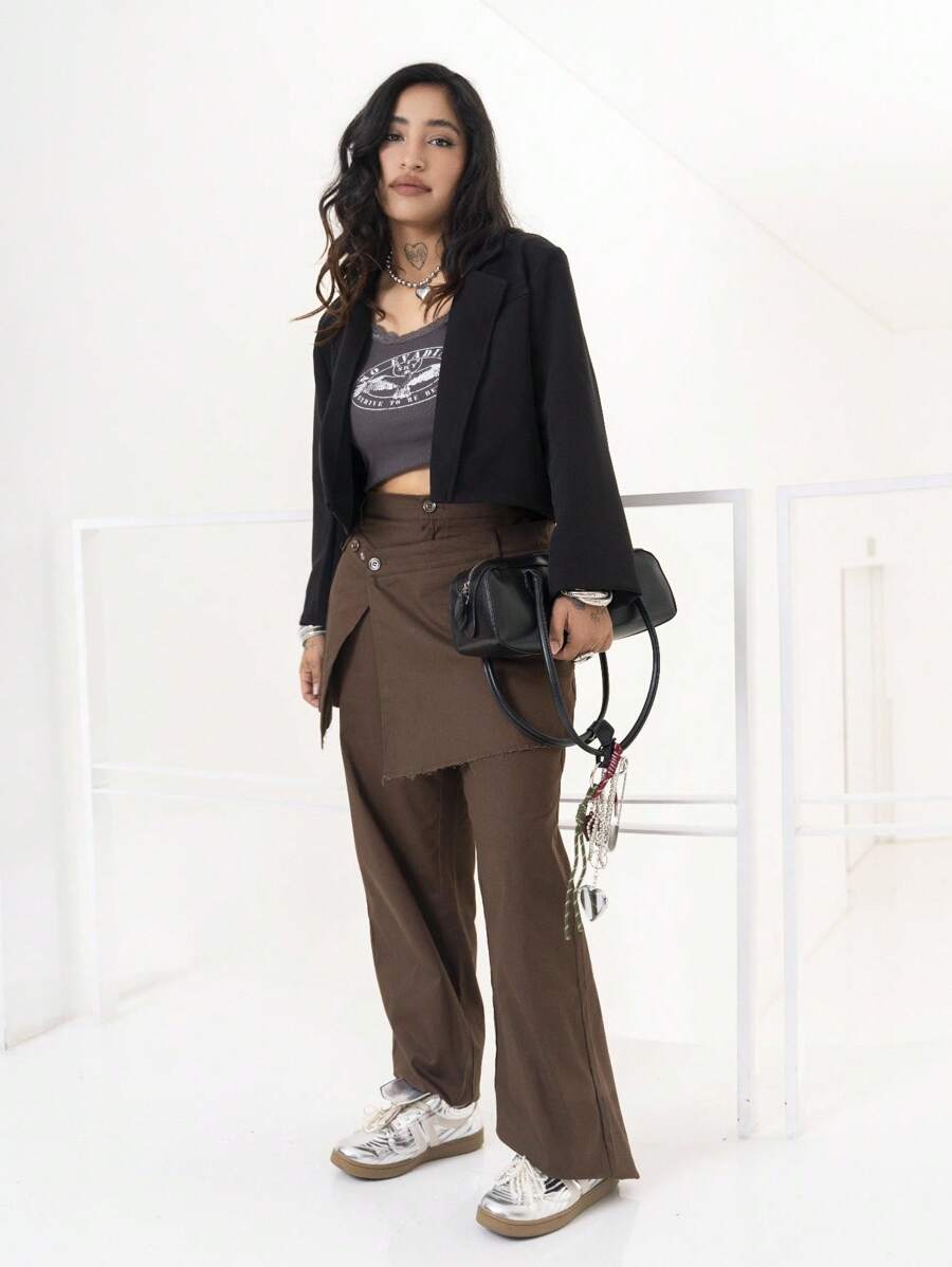 SHEIN x PRISCILA & JIMENA DAZY Conjunto de 2 piezas de falda y pantalones de unicolor con diseño de capa en la cintura, marrón moca, casual de negocios para todas las estaciones, otoño