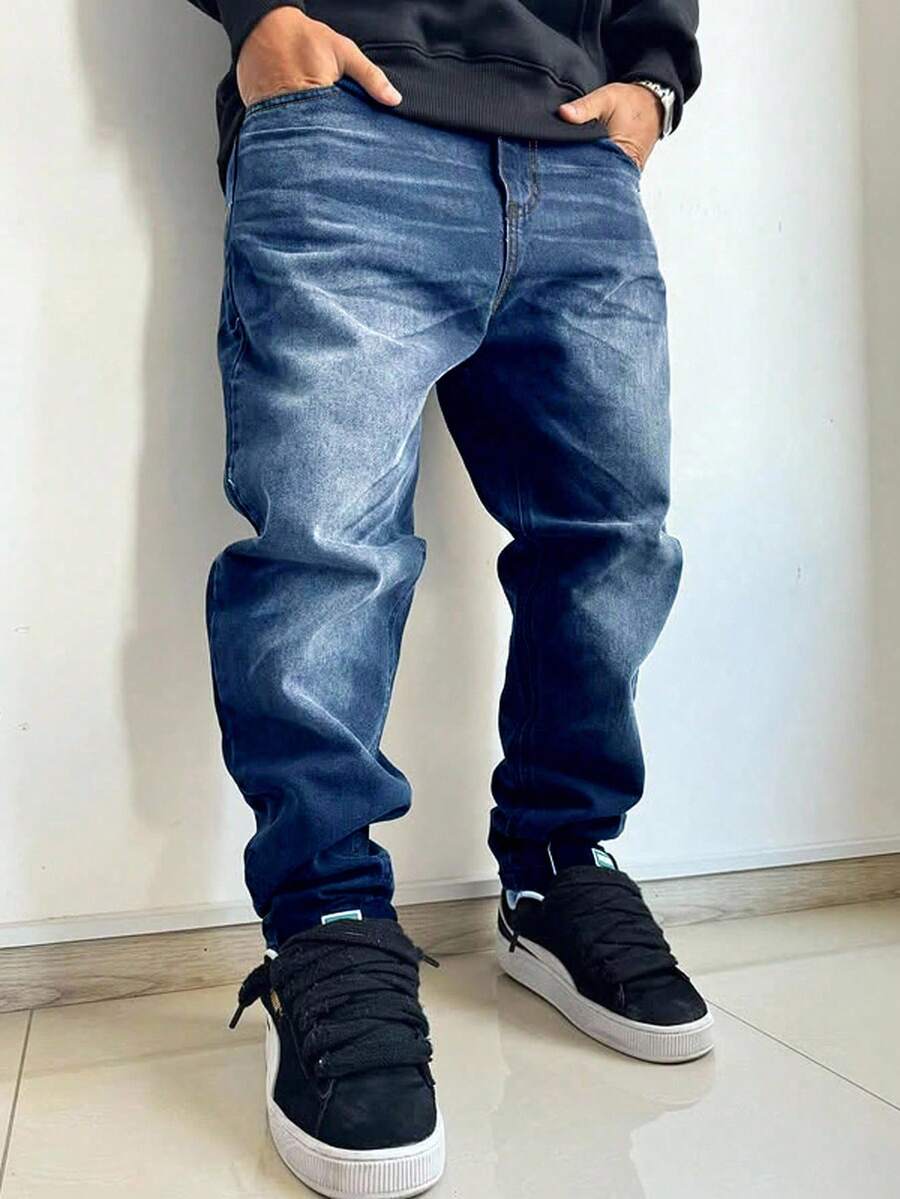 Manfinity Homme Men's Casual Pocketed Tapered Fit Blue Jeans, Streetwear For Going Out - Dark Wash - View 1