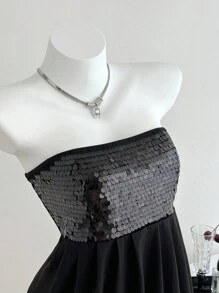 SHEIN Unity Women's Casual Top, Patchwork Sequin Bandeau Crop Top - Black - View 4