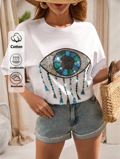 EURMUSE Woman Casual Solid Color Short Sleeve Oversize T-Shirt Sequin Embroider Front