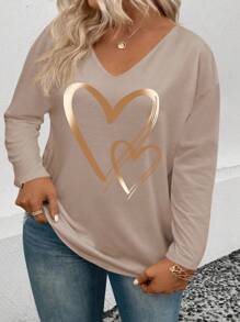 EMERY ROSE Women Plus Size V-Neck Best Selling Ombre Heart Graphic Print Long Sleeve T-Shirt, Casual Fall Cloth For Women