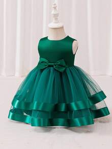 Glamorique Kids Elegant And Cute Baby Girl Dress, Dark Green Color, Sleeveless, With Bowknot, Puffed Cake Style, Perfect For Christmas Party Or Formal Occasions