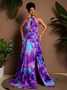 Maweii 大码度假时尚全身印花高开叉露背连衣裙 - 彩色 - 查看 4