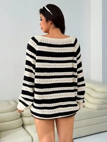SHEIN EZwear 大码女式条纹镂空插肩袖宽松休闲套头衫女式条纹套头衫大码女式套头衫秋冬装 - 彩色 - 查看 5