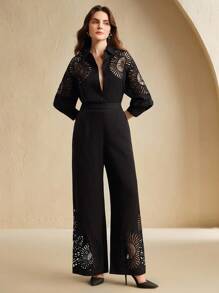 Anewsta 女士长袖镂空单排扣衬衫和阔腿裤休闲套装 - 黑色 - 查看 6