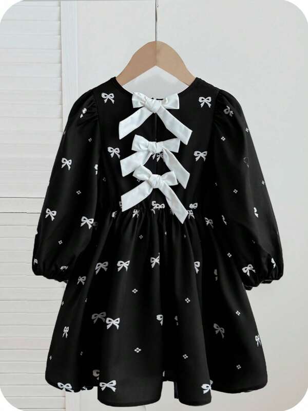 SHEIN Young Girl Casual Cute Bow Print Round Neck Puff Sleeve Bow Back Decor Long Sleeve Dress, Suitable For Casual Everyday Wear In Autumn And Winter Girls Fall Clothes
