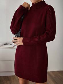 EURMUSE 深酒红色立领修身麻花袖针织毛衣裙 - 酒紅色 - 查看 3