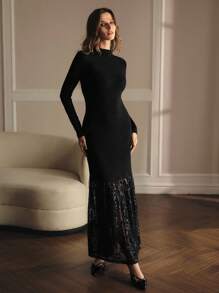 MOTF PREMIUM Vestido ajustado sin cinturón con cuello alto, contraste de lentejuelas, malla transparente y volante en el bajo - Negro - Ver 5