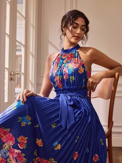Glamance Whitebread Vestido Elegante com Estampa Floral, Cintura Franzida, Plissado, Vestido de Convidada de Casamento, Roupas de Outono para Mulheres, Vestido Ombro a Ombro Casual