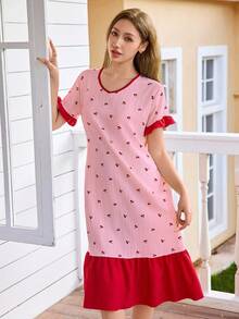 Dream Adore 撞色荷叶边下摆花卉印花V领短袖睡袍女式睡衣裙女士睡衣女式睡裙睡衣女式睡衣裙樱桃印花睡袍 - 粉色 - 查看 7