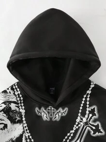 ROMWE MEN Goth Men's Cross Printed Hoodie, Loose Cropped Style