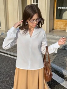 SHEIN Teen Girl Elegant Loose Fit V-Neck Long Sleeve White Blouse, Suitable For Commuting And Daily Wear - White - View 1