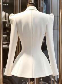 Franclia Elegant White Double-Breasted Cinched Waist Blazer For Commuting Fall Cloth For Women - White - View 2