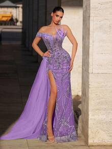 Glamrae Elegant Luxurious Sequin & Pearl Embellished Satin Sexy Thigh High Slit Mermaid Skirt With Side Drape, Suitable For Wedding, Party, Prom, Banquet (Heavy Embroidery)