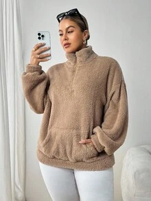 SHEIN PETITE CURVE Plus Size Solid Color Half Zip Pocketed Long Sleeve Sweatshirt, For Winter Graduation,Back To School Outfits,Graduation,Teacher Outfits For Women,Back To School Petite Plus Size Sweatshirts Plus Size Teddy Hoodie Plus Size Sherpa Sweatshirts Plus Size Fleece Hoodie Plus Size Zip Up Hoodie Fall Autumn