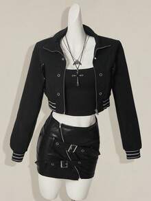 SHEIN ICON 秋冬女士黑色长袖时尚夹克 - 黑色 - 查看 1