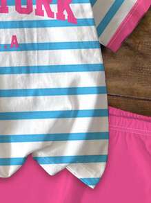 SHEIN 2pcs/Set Young Girl Casual Blue Striped With "NEW YORK" Graphic, Contrast Pink, Back To School, Collegiate Style, Short Sleeve Top And Shorts, Cute Summer Outfit