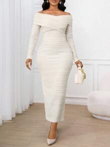 SHEIN Lady 白色针织提花重叠领铅笔长袖连衣裙鸡尾酒会海滩 - 米色 - 查看 1