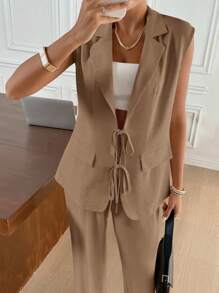 Siren Gaze 秋冬女士纹理系带背心和裤子休闲套装两件套 - 卡其色 - 查看 5