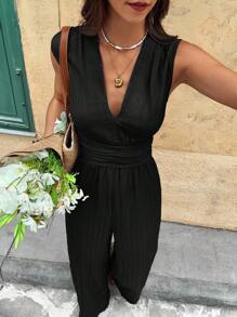 Serisse 女式度假纯色深V领褶饰腰部阔腿休闲连体裤 - 黑色 - 查看 3