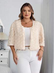 SHEIN CURVE+ Áo khoác mỏng tay ngắn họa tiết hoa hồng 3D cỡ lớn cho nữ, thanh lịch, tối giản, lãng mạn, thời trang, thích hợp cho hẹn hò, tiệc tùng, đi làm, nghỉ dưỡng - Màu be - Xem 4