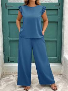 SHEIN Clasi 2 件套女士加大码卡其色泡泡褶皱喇叭袖衬衫和阔腿松紧腰裤套装，优雅的春夏套装 2 件套女士套装女士套装女士两件套女士两件套女士套装女士休闲、商务休闲女士