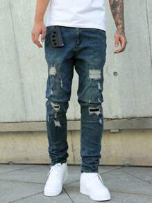 Manfinity LEGND Men's Casual Washed Distressed Slim Fit Jeans Stretch Regular Washed Slim Fit Thrashed Denim - Medium Wash - View 1
