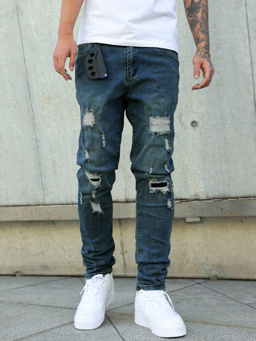 Manfinity LEGND Men's Casual Washed Distressed Slim Fit Jeans Stretch Regular Washed Slim Fit Thrashed Denim - Medium Wash - View 1