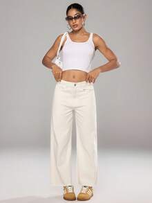 Flirla Jeans de pierna ancha de unicolor versátil y casual - Albaricoque - Ver 3