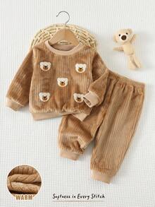 Cozy Pixies 2 件套男婴卡通熊图案针织柔软圆领长袖套头衫和松紧腰裤套装 - 彩色 - 查看 3