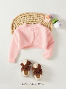 Cozy Pixies Baby Girl Round Neck Solid Color Plush Thickened Cardigan,In Fall/Winter