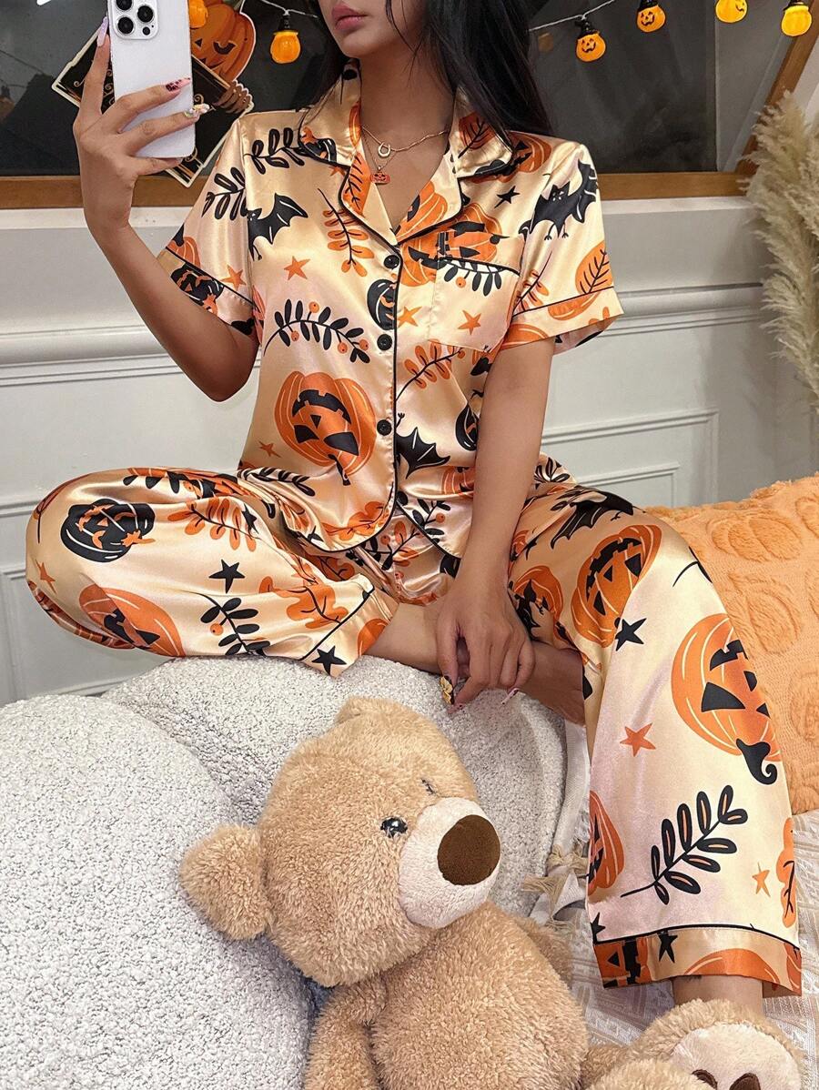 SHEIN 万圣节主题印花仿丝短袖睡衣套装 - 黃色 - 查看 1