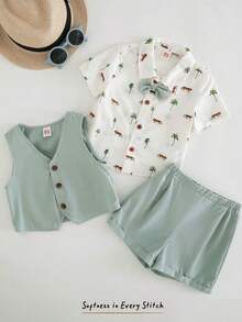 Cozy Pixies 3 قطع بدلة رسمية للأطفال الصبيان تتكون من قميص بياقة بولو بنمط غزال كرتوني مع ربطة عنق، صدرية بدون أكمام، وشورت بخصر مطاطي - متعدد الألوان - مشاهدة 4