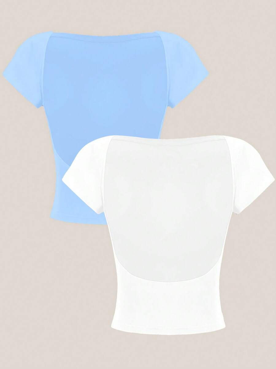 Comfortcana Bộ 2 áo thun ngắn tay cổ tròn hở lưng màu xanh dương và trắng trơn, thích hợp cho mùa xuân và mùa hè. - Nhiều màu - Xem 1