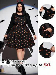 SHEIN CURVE+ Vestido casual con tirantes de mujer talla grande con estampado de calabaza y bolsillo, para otoño/invierno - Negro - Ver 6
