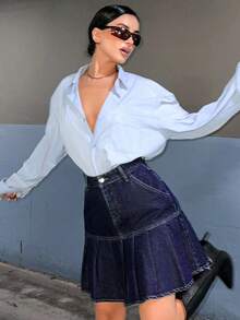 EURMUSE High Waist Pleated Hem Denim Skirt - Blue - View 4