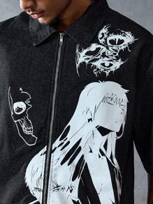 ROMWE MEN Anime Men's Denim Cartoon Character Print Zip-Up Casual Denim Jacket - Black - View 2