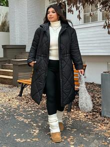 SHEIN EZwear 2025 Autumn/Winter New Casual Hooded Quilted Padded Mid-Length Cotton Jacket, Cinched Waist, Versatile For Outings, Daily, Party, Date, Holiday, Black, Plus Size - Black - View 5