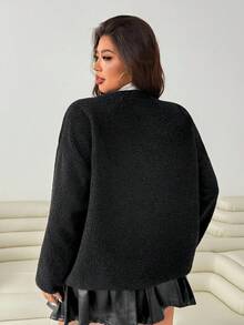 SHEIN EZwear Plus Size Solid Color Minimalist Casual Long Sleeve Jacket In Fall/Winter - Black - View 3