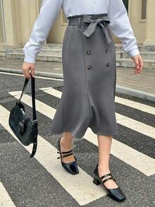 青少年女孩灰色美人鱼下摆荷叶边修身高腰双排扣半身裙，适合日常通勤 - 灰色 - 查看 3