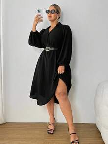 SHEIN PETITE CURVE 大码女式时尚休闲宽松舒适清凉日常黑色 V 领长袖中长连衣裙、保守连衣裙、女式教堂服装、老钱风格、女式端庄服装、曲线黑色连衣裙、春季服装娇小女装灯笼袖连衣裙大码黑色优雅连衣裙女式娇小连衣裙娇小曲线连衣裙 - 黑色 - 查看 6