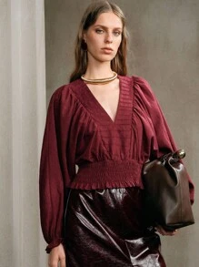 Aveloria Elegancka bluzka damska z plisowanymi marszczeniami i długim rękawem w stylu boho, w stylu boho - Burgund - Zobacz 2