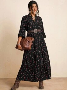 SHEIN LUNE 大码粉色碎花休闲四层连衣裙 - 綠色 - 查看 2