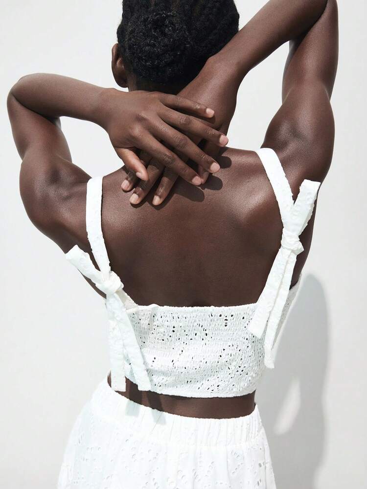 SHEIN Maija Women's White Woven Eyelet Crop Top Cute And Casual Summer Top With Straps And Zipper Detail