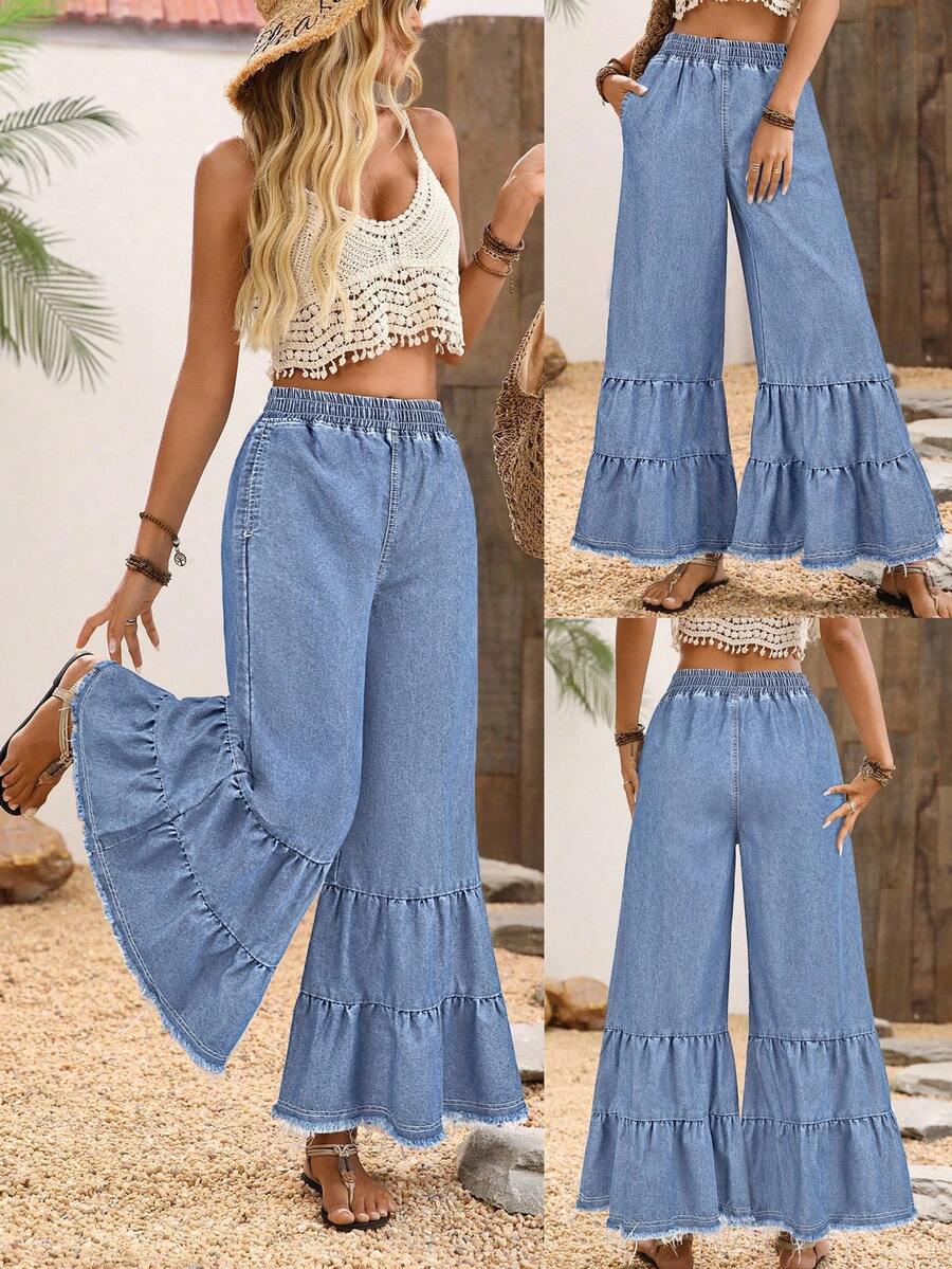 EMERY ROSE Elastic Waist Wide Leg Jeans, Casual Vacation