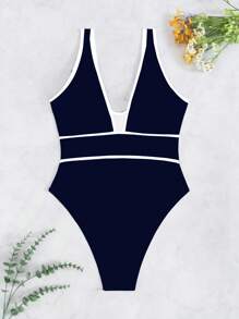 Swim Chiccia Tenues de plage pour le printemps pour femmes, maillot de bain une pièce sexy et élégant avec empiècement noir et blanc, col en V profond et dos en U